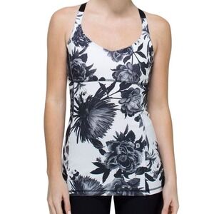 Lululemon Practice Daily Tank Top Womens 8 Black White Floral X Back Yoga Studio